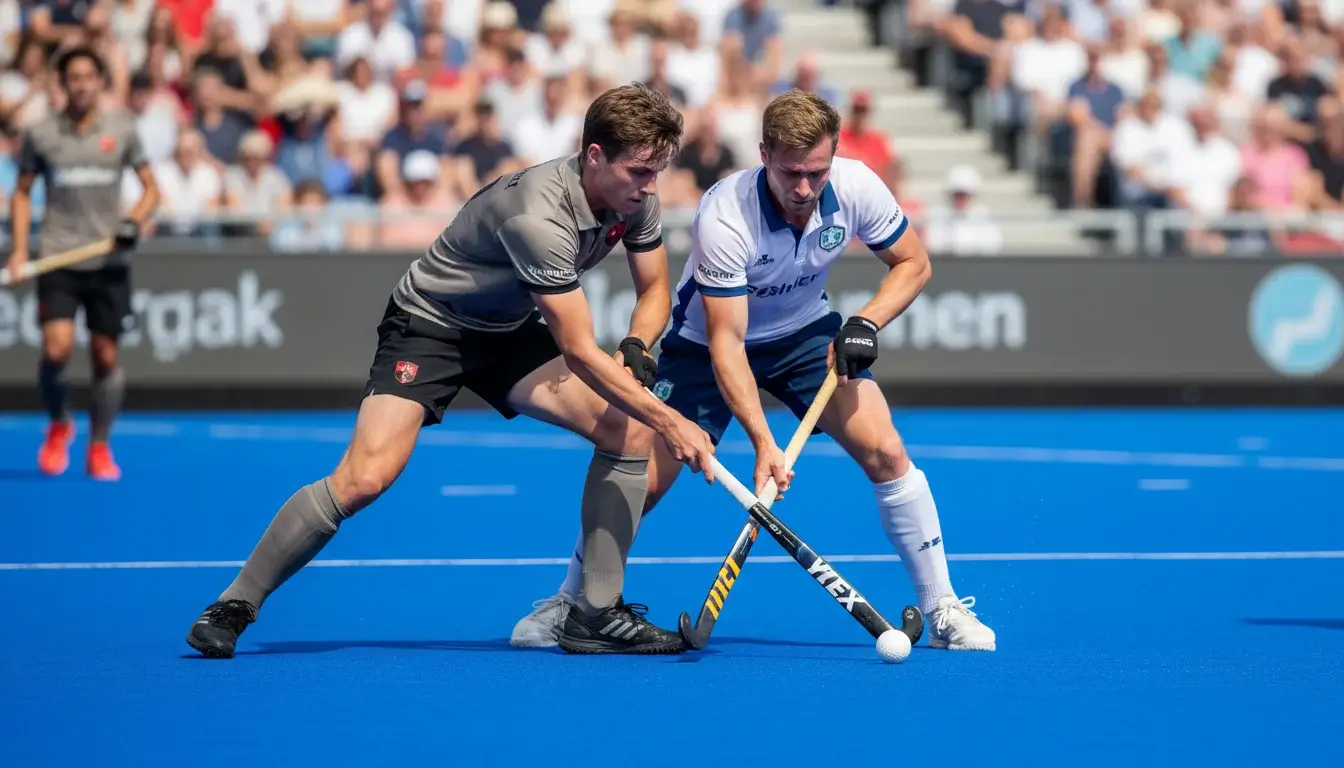 Amsterdam Hockey Club spelers in een intensief duel tijdens een Hoofdklasse wedstrijd