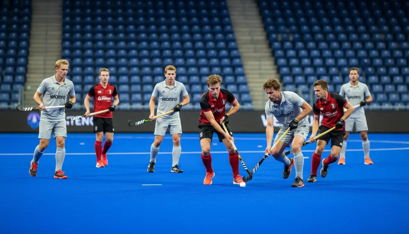 Amsterdam Hockey Club spelers in actie in het Wagener Stadion