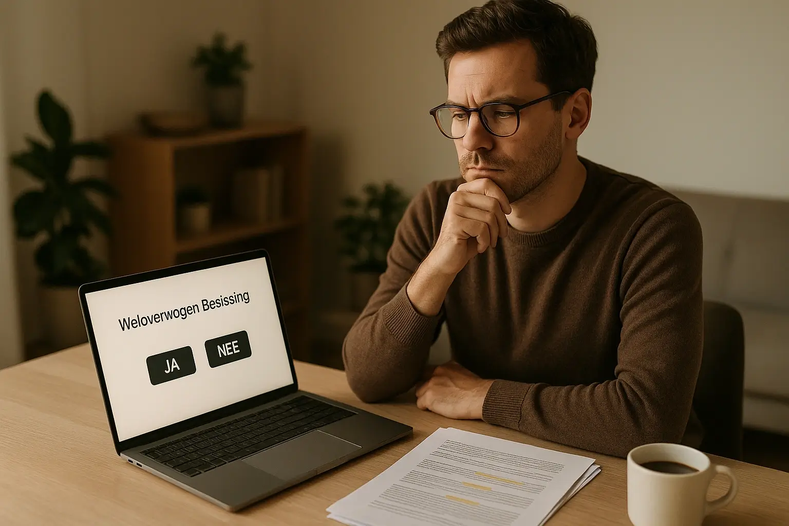 Persoon aan een bureau die een weloverwogen beslissing neemt met documenten en een laptop
