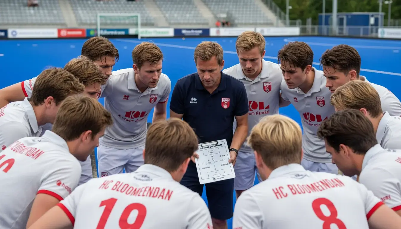 Bloemendaal spelers tijdens een teambespreking op het veld