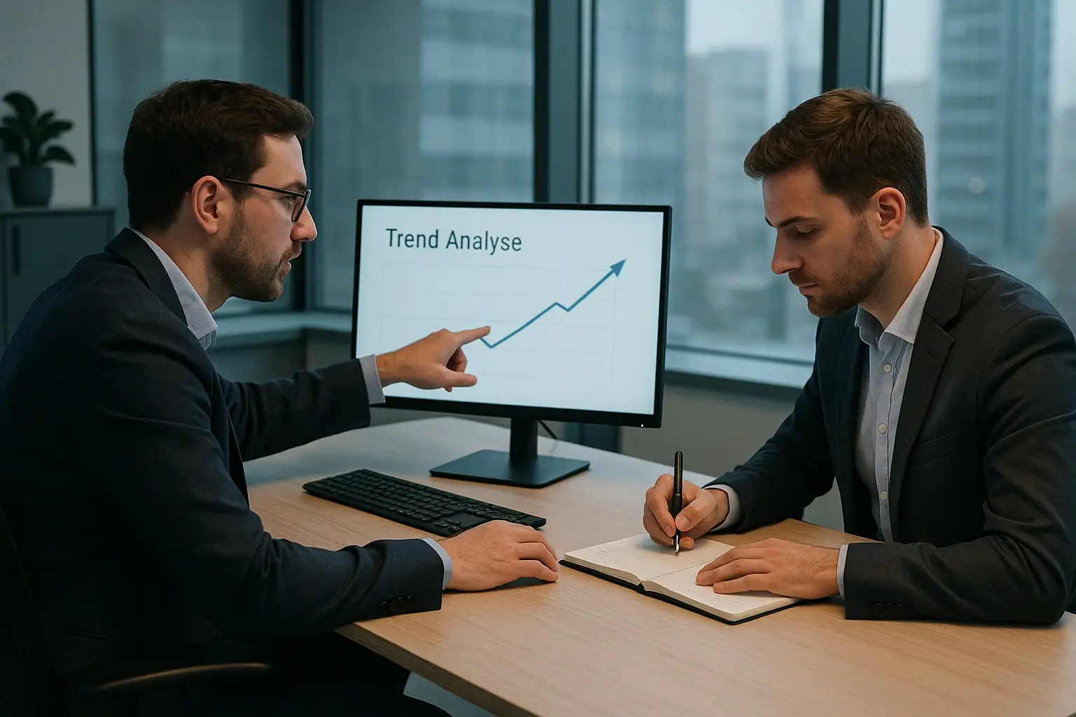 Analisten in moderne kantooromgeving bekijken samen data op meerdere monitoren