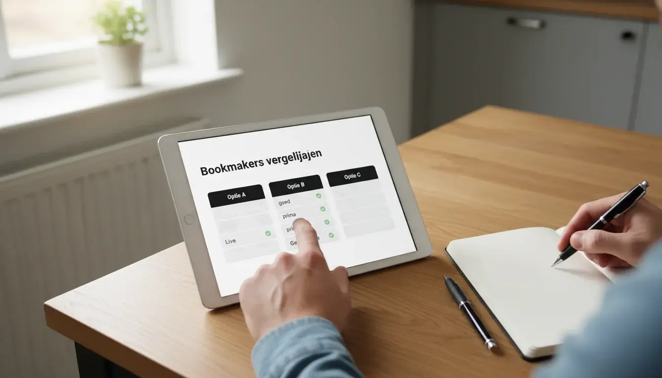 Persoon die aantekeningen maakt bij het vergelijken van opties op een tablet