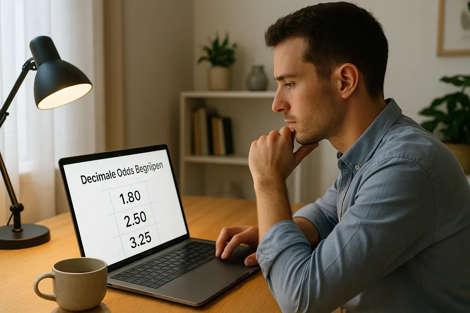 Professionele persoon analyseert decimale odds op laptopscherm in moderne thuiswerkplek