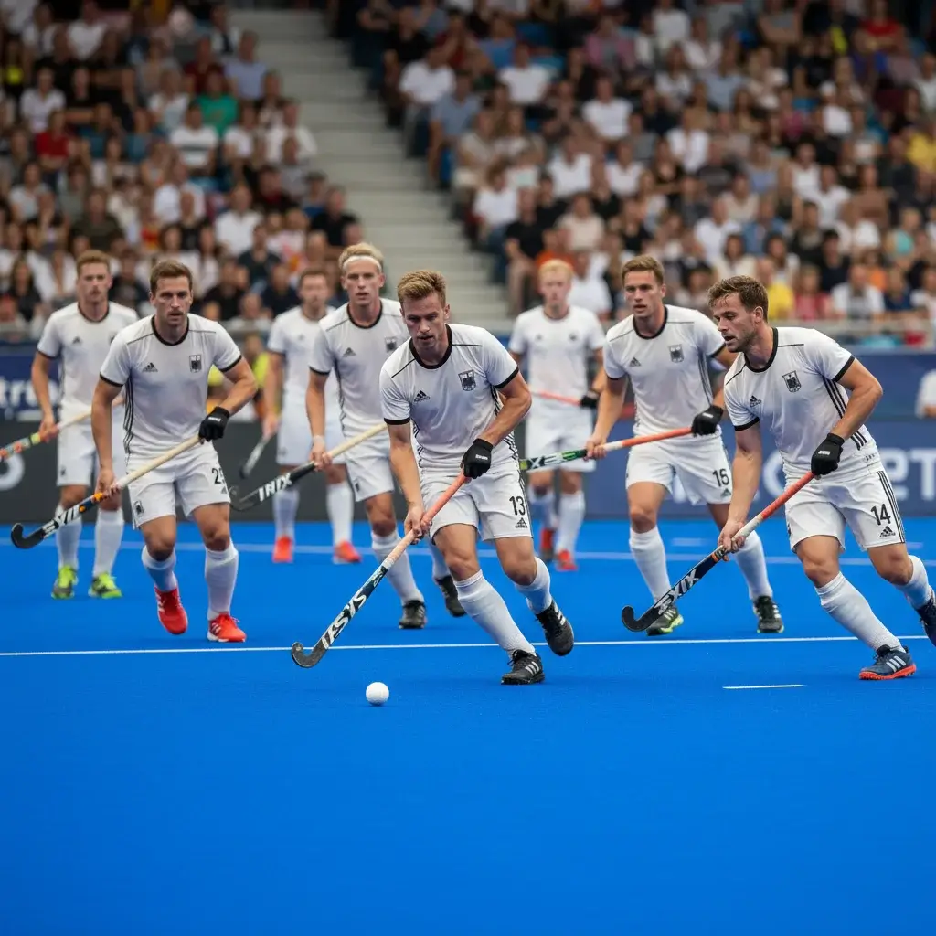 Het Duitse hockeyteam in actie tijdens een internationale wedstrijd