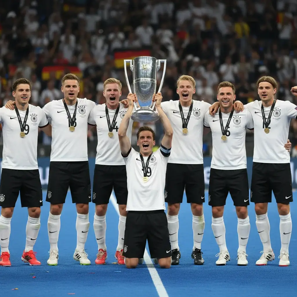 Duitse hockeyspelers vieren een overwinning met de trofee