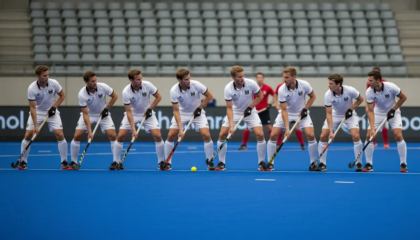 Duitse hockeyspelers in tactische formatie tijdens een wedstrijd