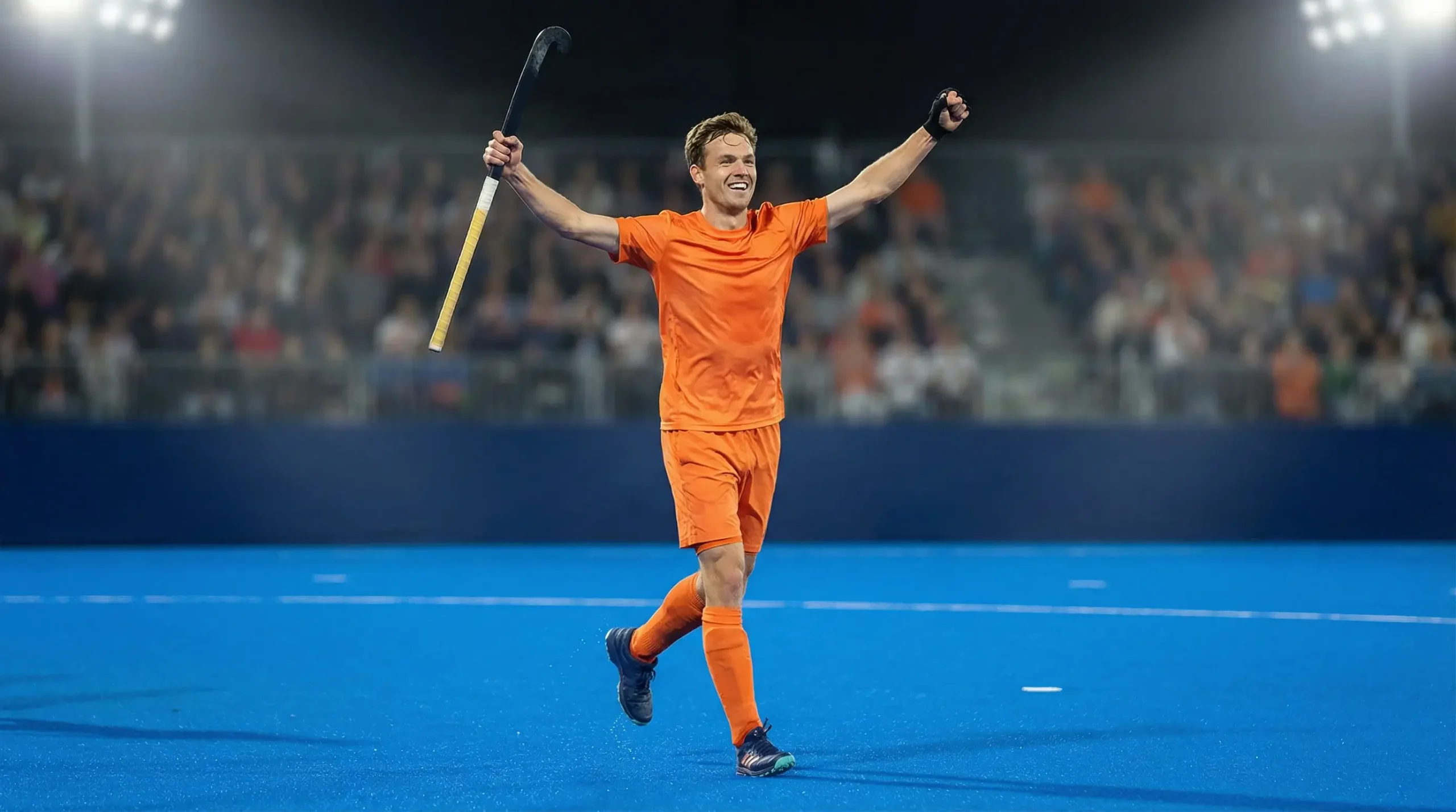 Hockeyspeler viert het scoren van een doelpunt met armen omhoog