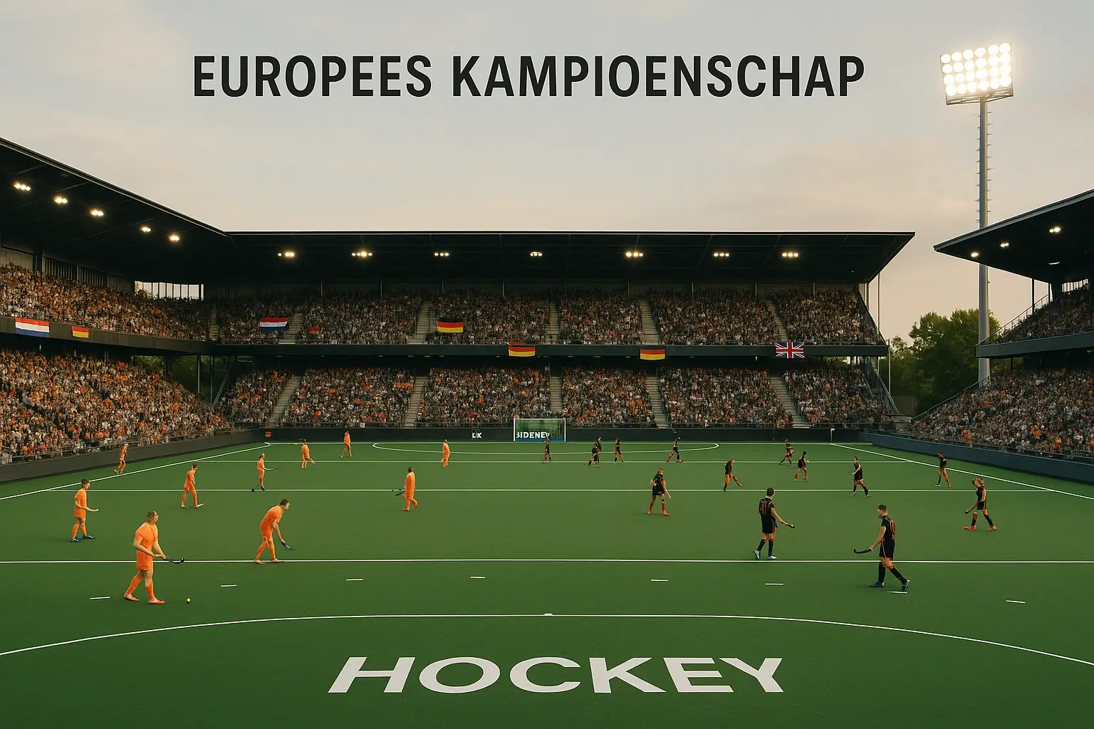 Sfeervolle hockeystadion tijdens het Europees Kampioenschap met Europese vlaggen en fans