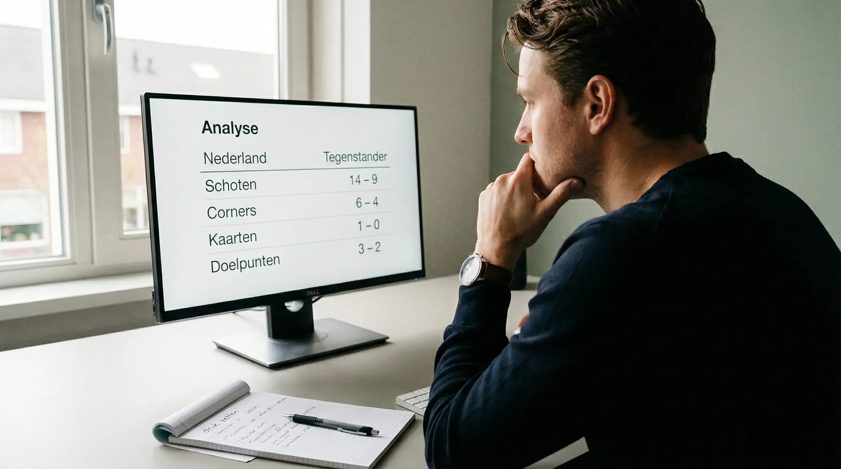 Persoon bestudeert hockeywedstrijden en statistieken op een computerscherm