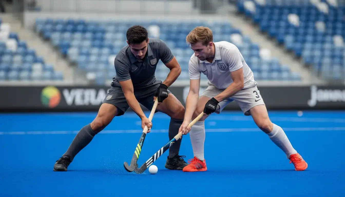 Hockeyspelers van rivaliserende teams in een duel om de bal