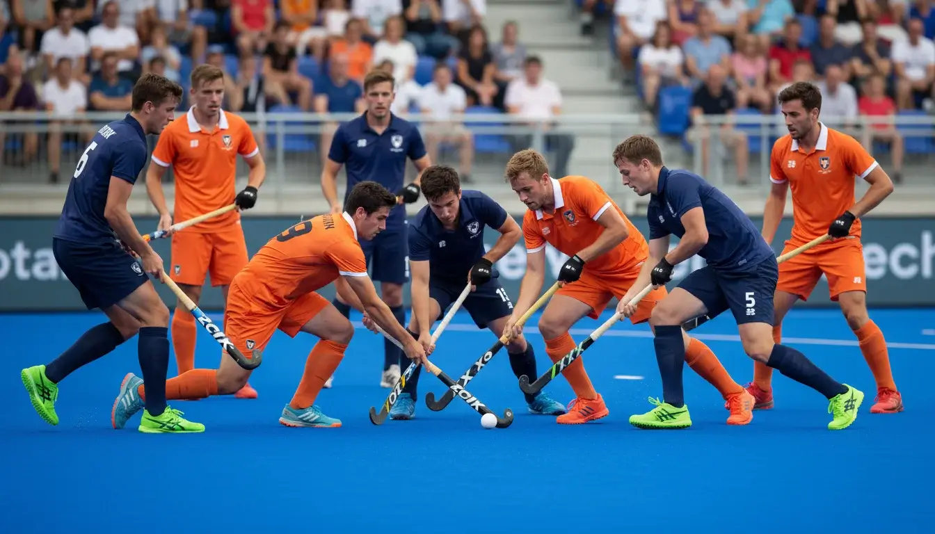 Twee hockeyteams strijden om de bal tijdens een onderlinge confrontatie