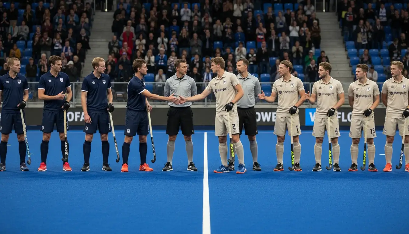 Hockeyteams schudden handen voor aanvang van een rivaliteitswedstrijd