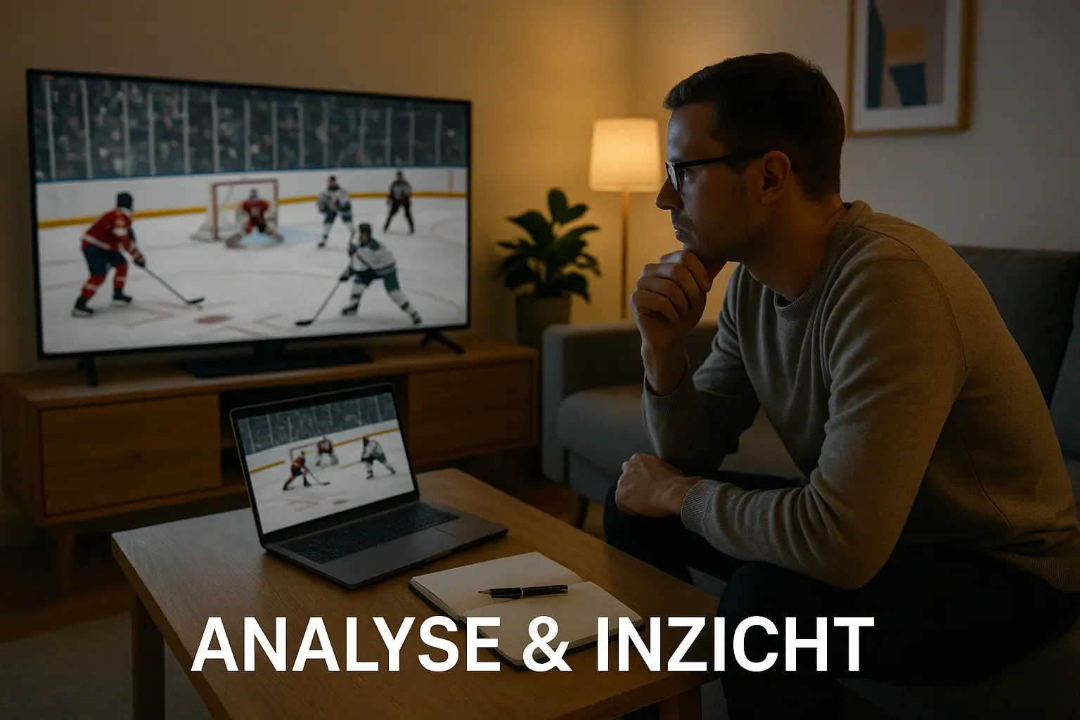 Persoon analyseert een hockeywedstrijd op televisie met aandachtige blik en aantekeningen