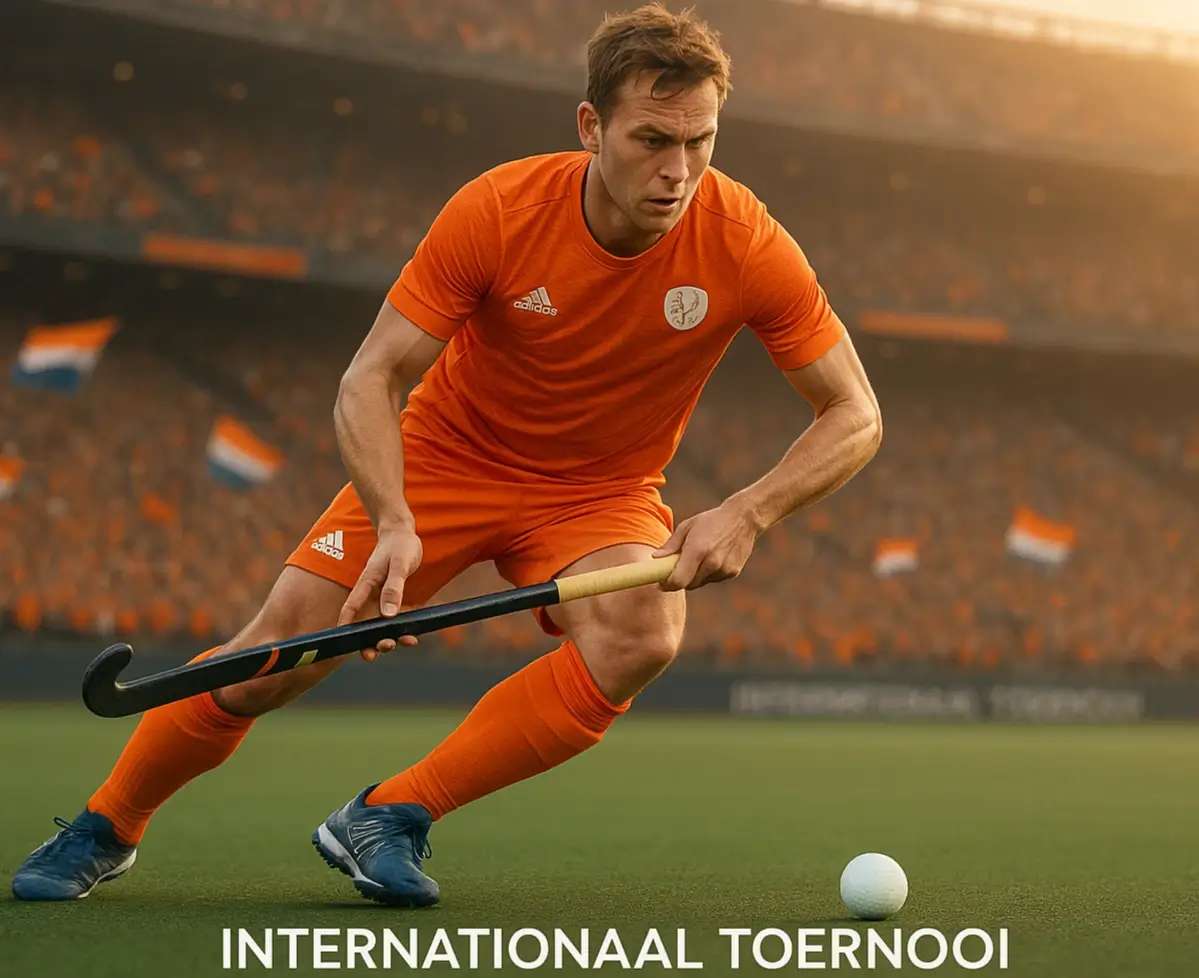 Dynamisch moment tijdens een internationaal hockeytoernooi met een Nederlandse speler in actie