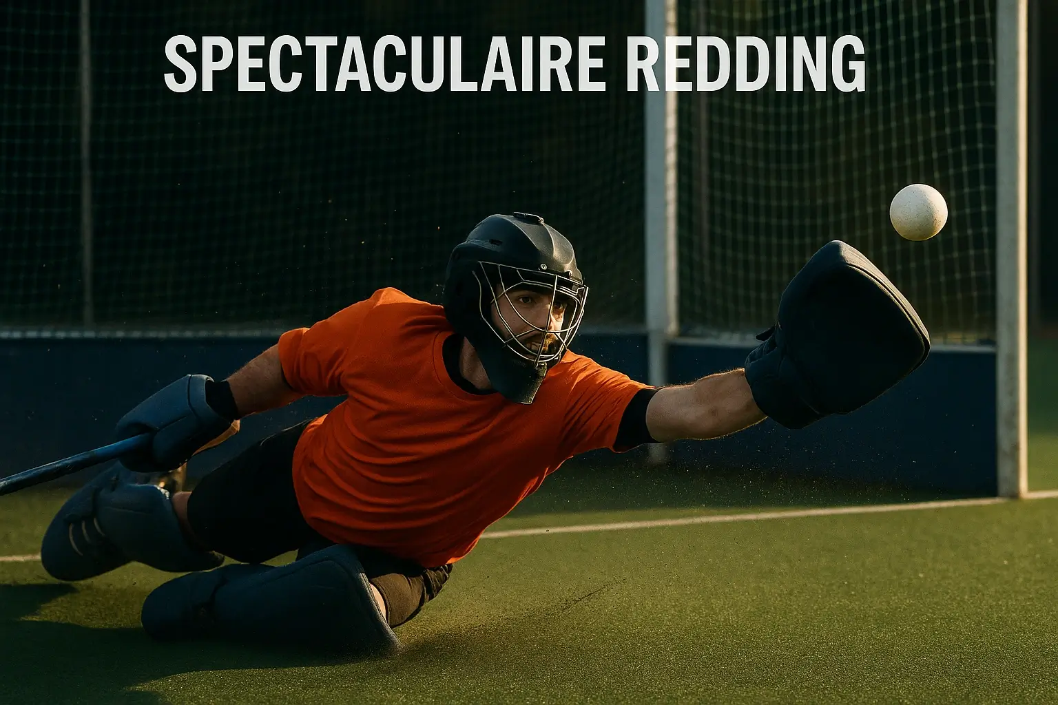 Hockeykeeper maakt spectaculaire redding met duik terwijl bal richting doel vliegt