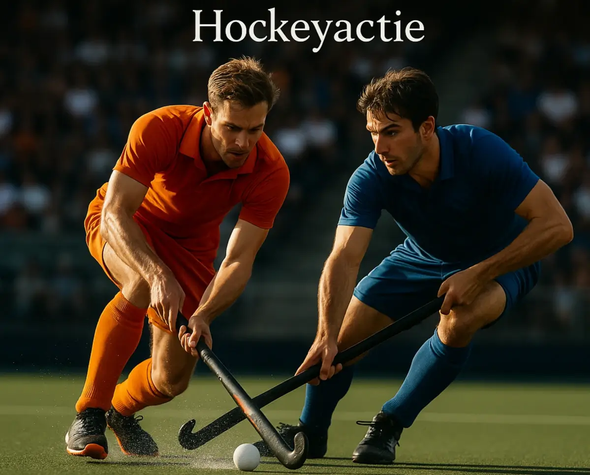 Intensief hockeymoment tussen twee mannenteams op een professioneel waterveld