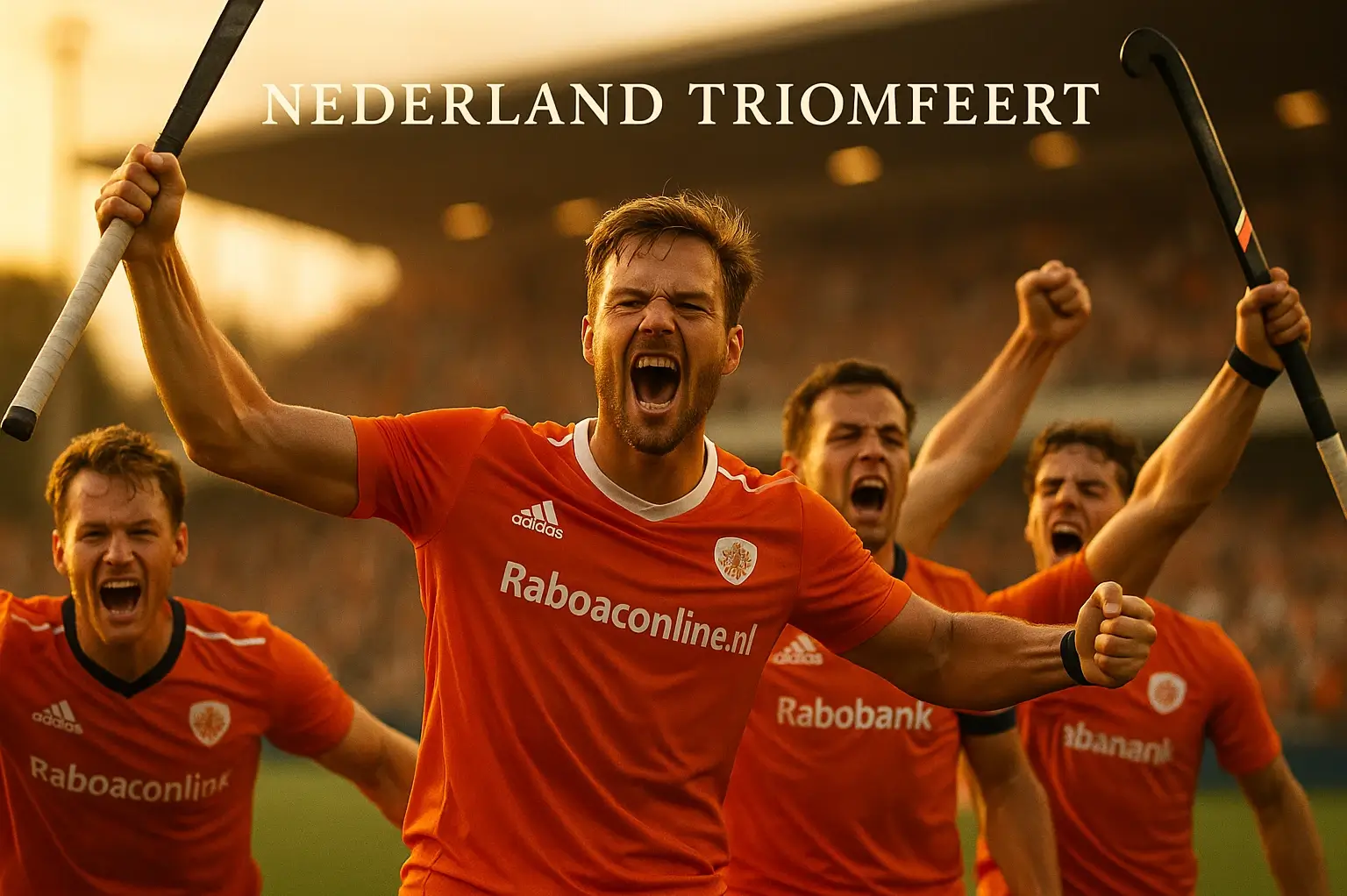 Nederlands hockeyteam viert overwinning op groen kunstgrasveld met oranje shirts en hockeysticks