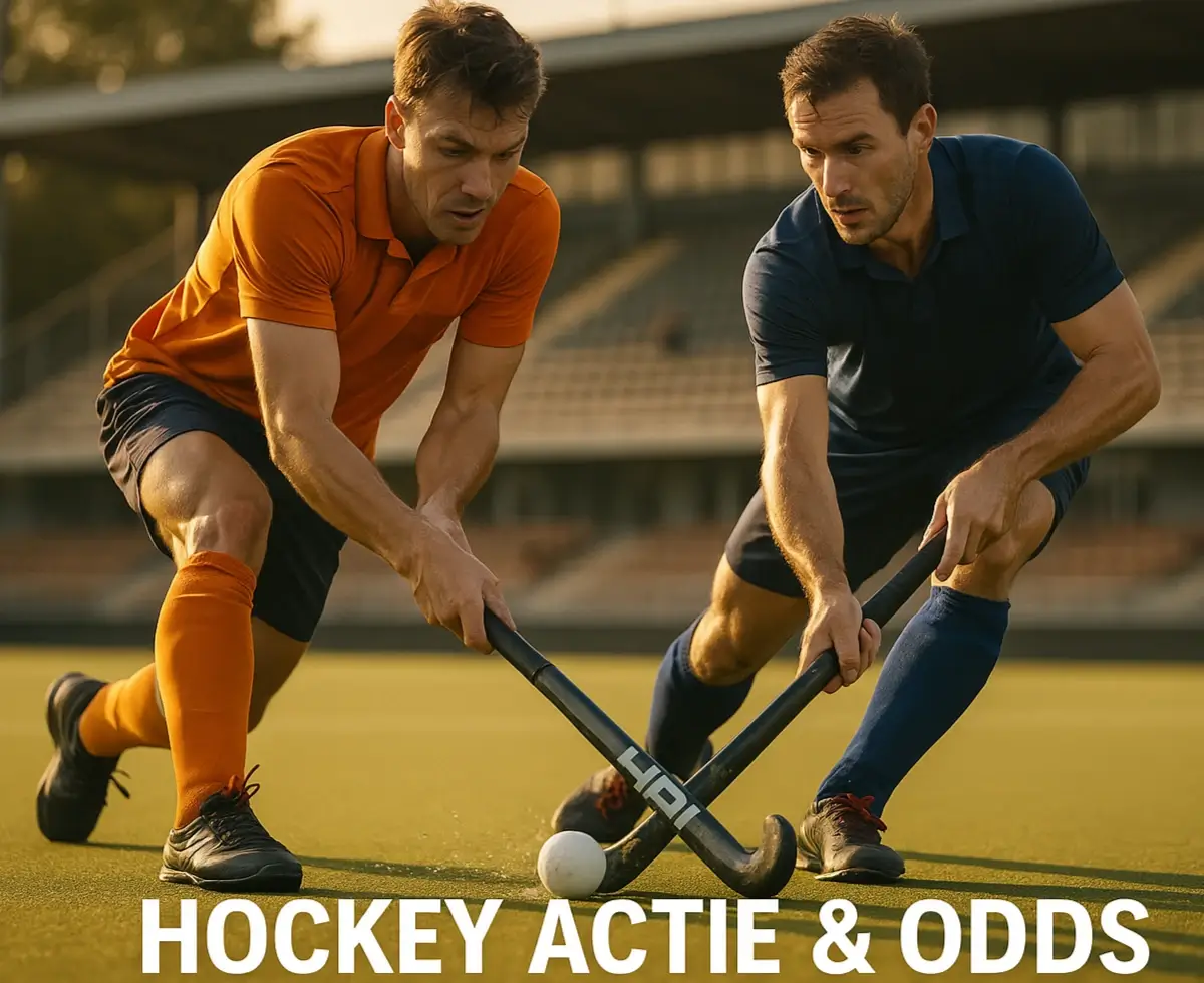 Veldhockeywedstrijd in actie met twee spelers die strijden om de bal op kunstgras