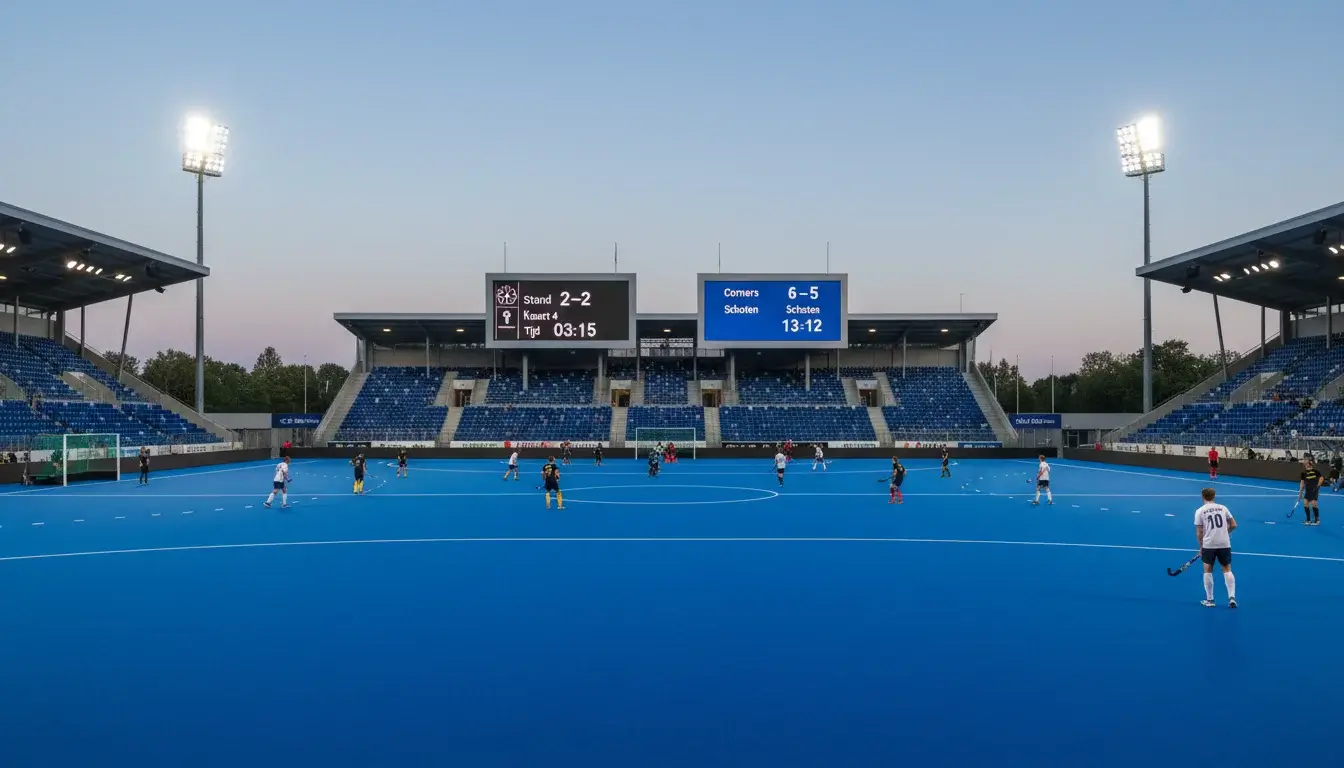 Hockeyveld met digitaal scorebord en statistiekendisplay