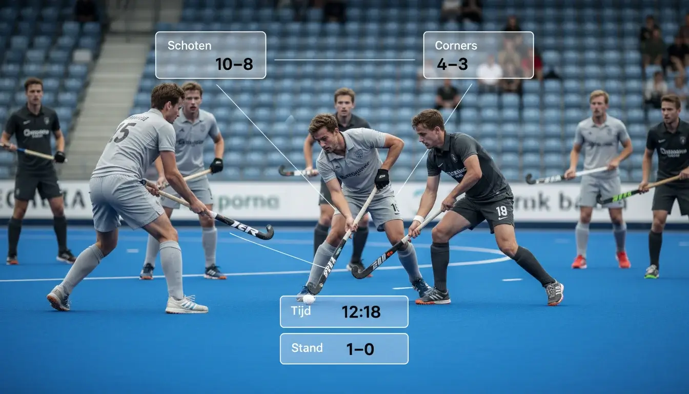 Hockeyspelers in actie met statistieken overlay
