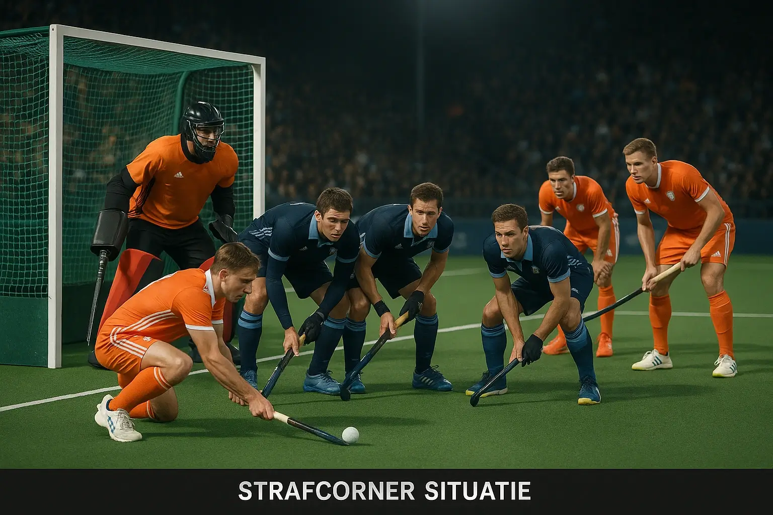 Hockey spelers positioneren zich voor een strafcorner met de bal klaar voor de uitvoering