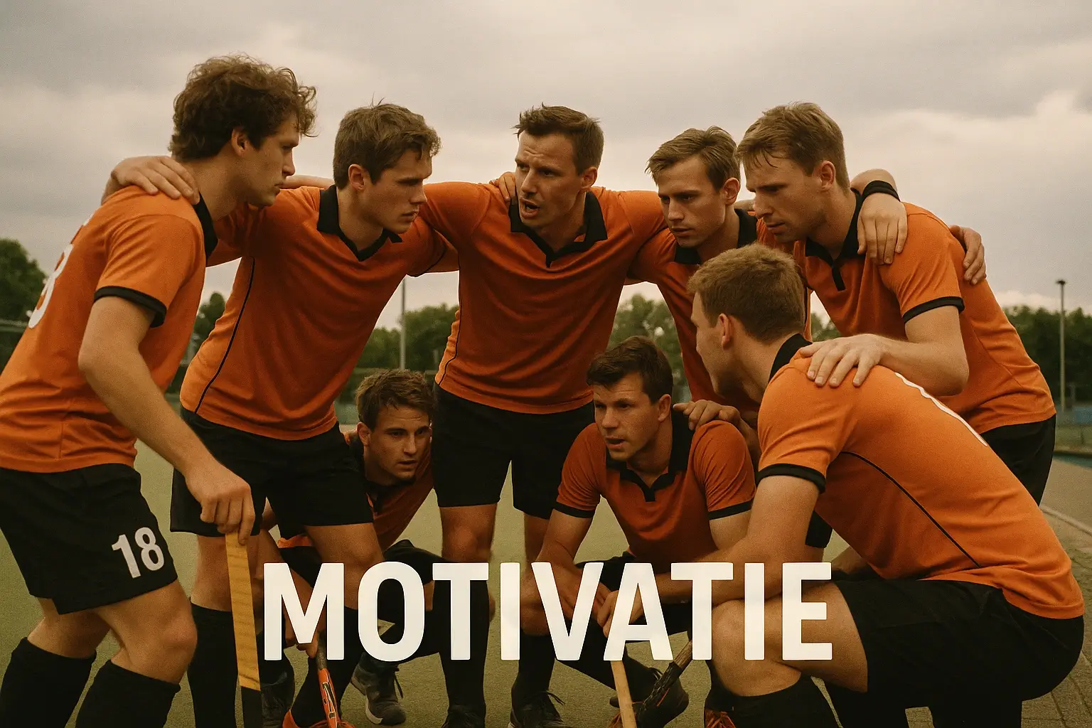 Hockeyteam in motiverende teamhuddle voor aanvang van de wedstrijd