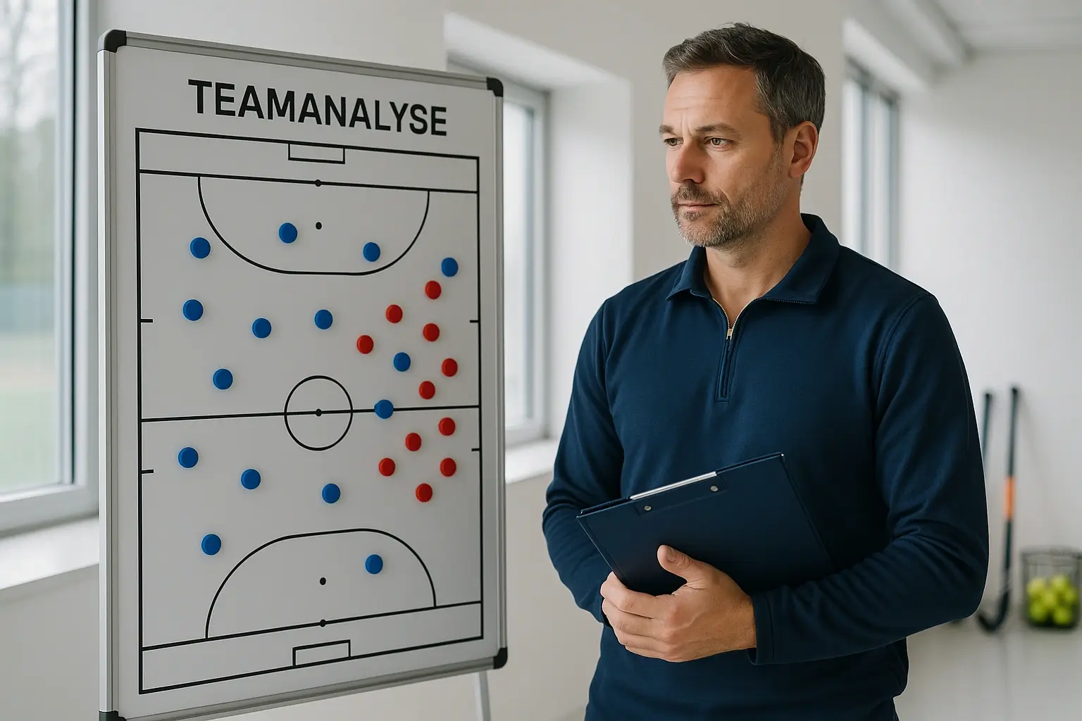 Hockeycoach analyseert teamtactiek op een tactisch bord in trainingsruimte