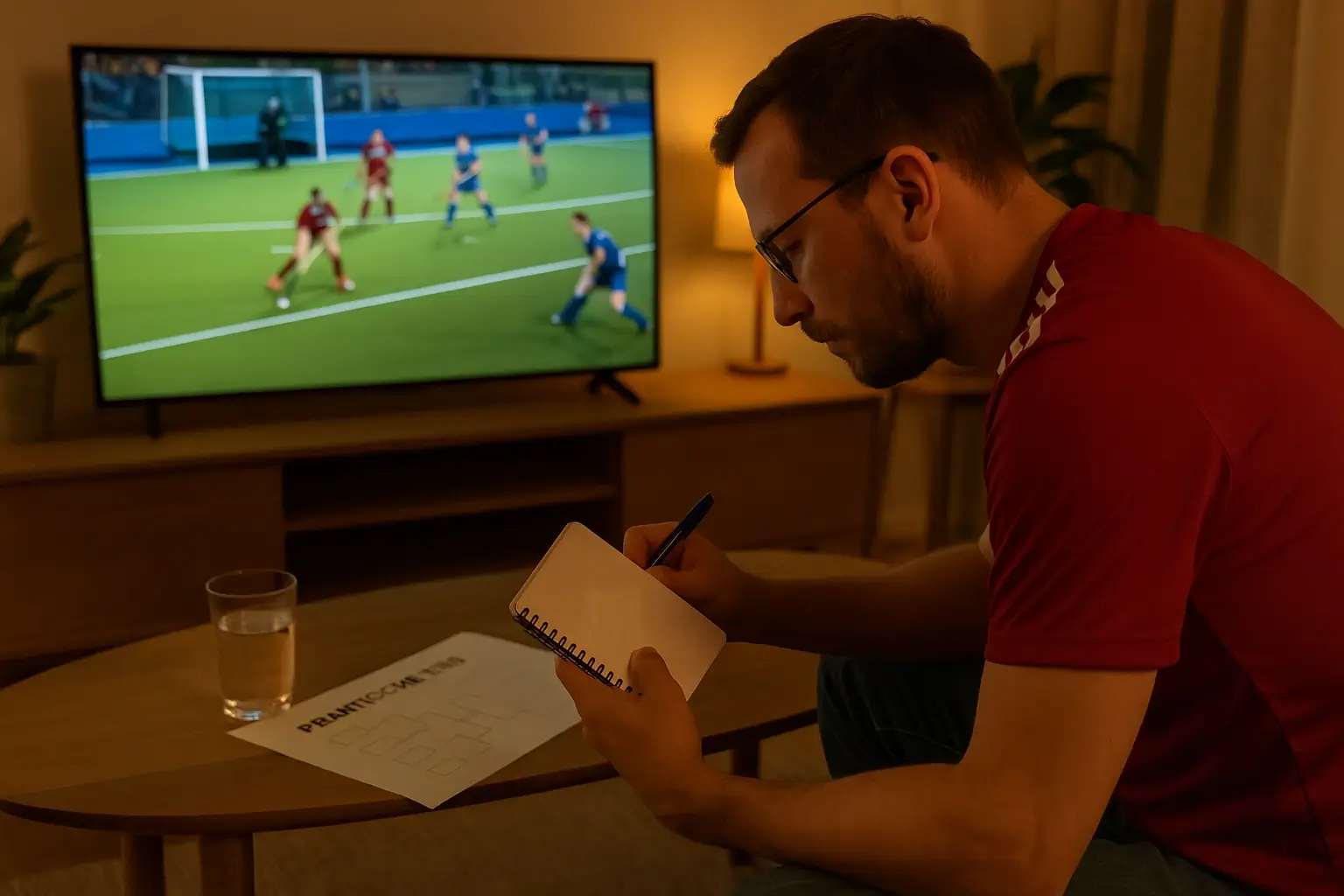 Hockeyfan kijkt thuis aandachtig naar een toernooiwedstrijd met notitieblok en toernooischema