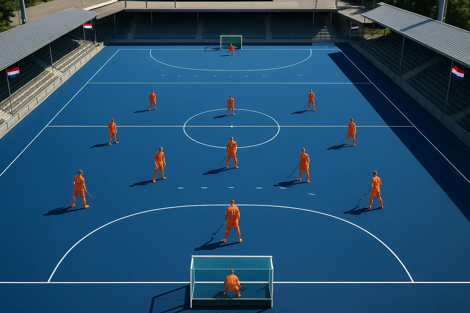 Luchtfoto van professionele hockeywedstrijd op groen kunstgras met Nederlandse spelers in oranje shirts