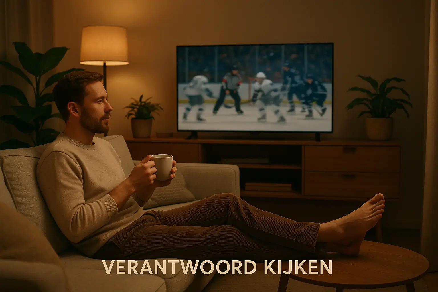 Man kijkt ontspannen naar een hockeywedstrijd in huiselijke sfeer