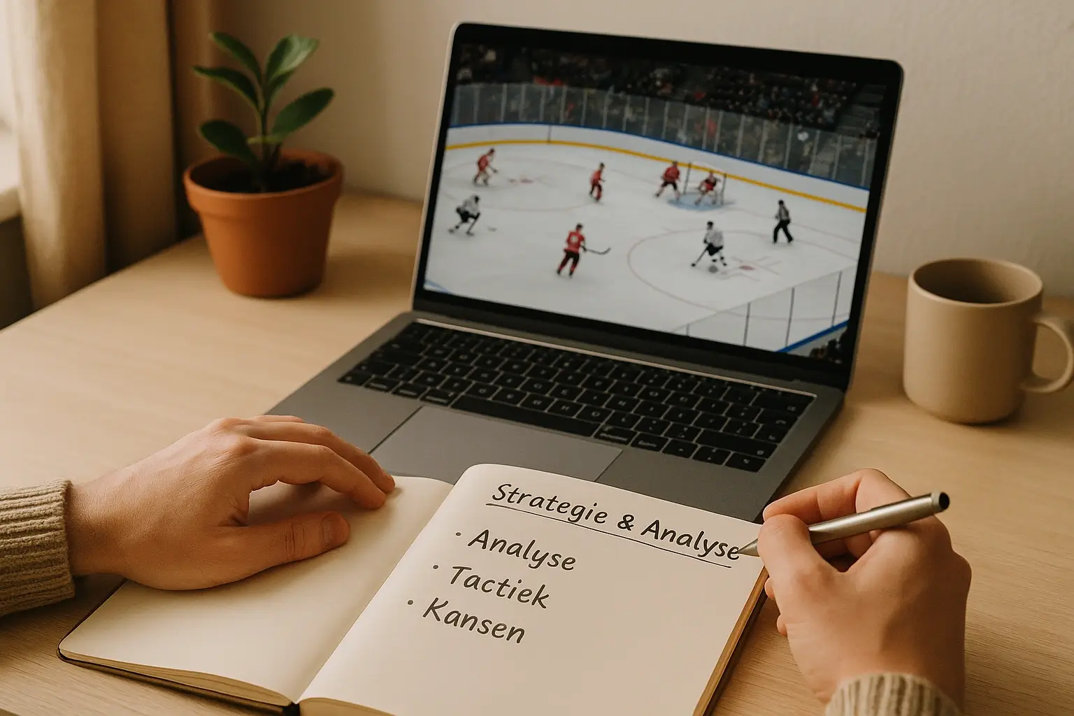 Persoon maakt aantekeningen in een notitieboek terwijl hij een hockeywedstrijd analyseert op laptop