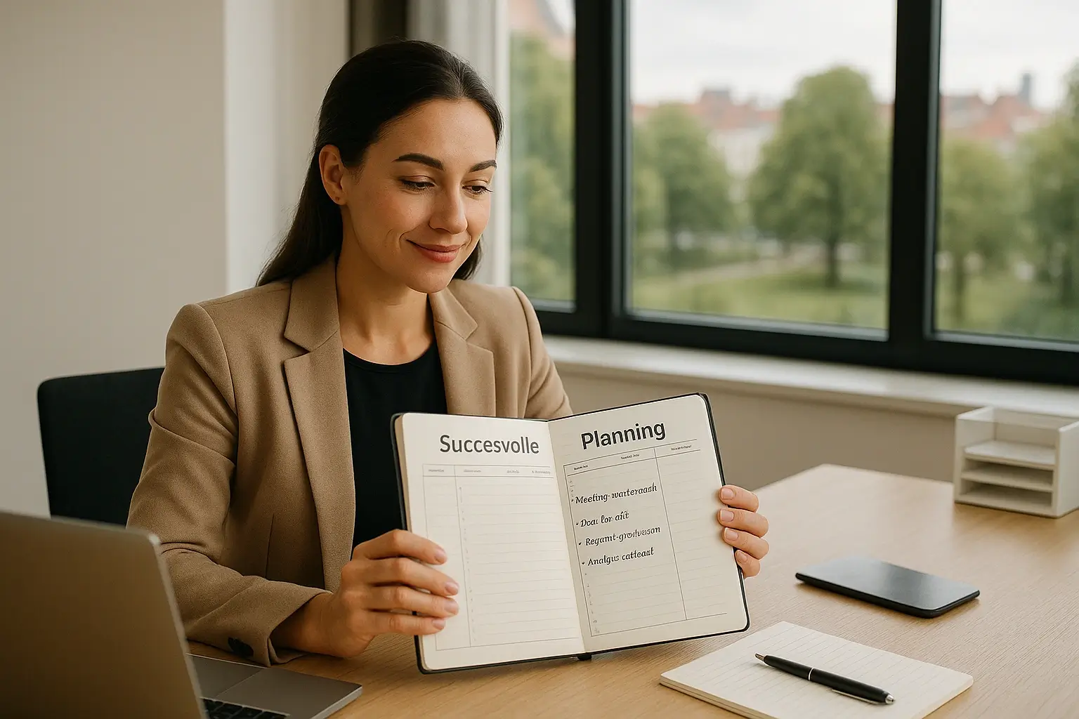 Professionele persoon bekijkt georganiseerd notitieboek met afgeronde taken aan opgeruimd bureau