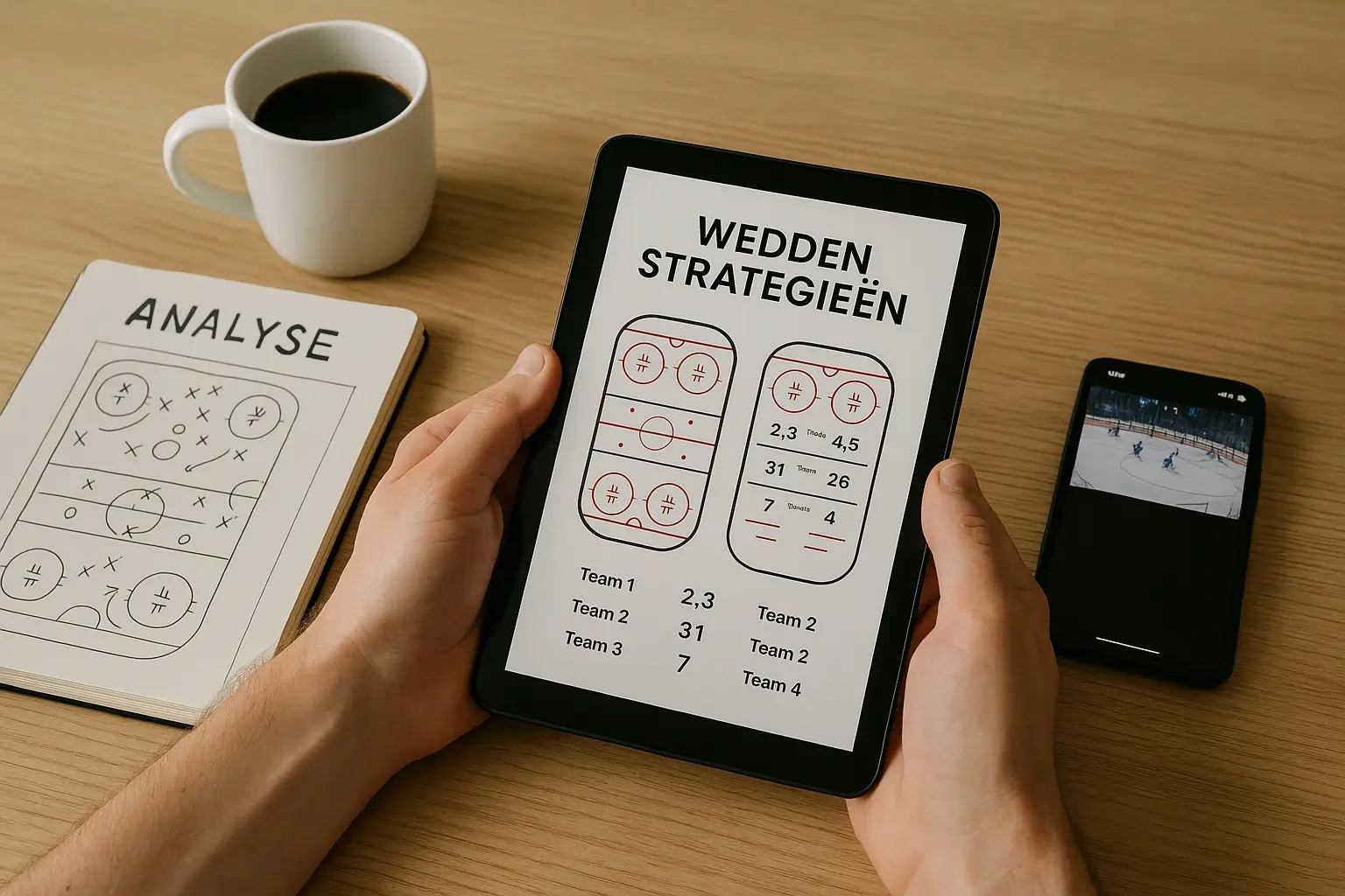 Strategische voorbereiding voor hockeyweddenschappen met tablet, notities en wedstrijdanalyse
