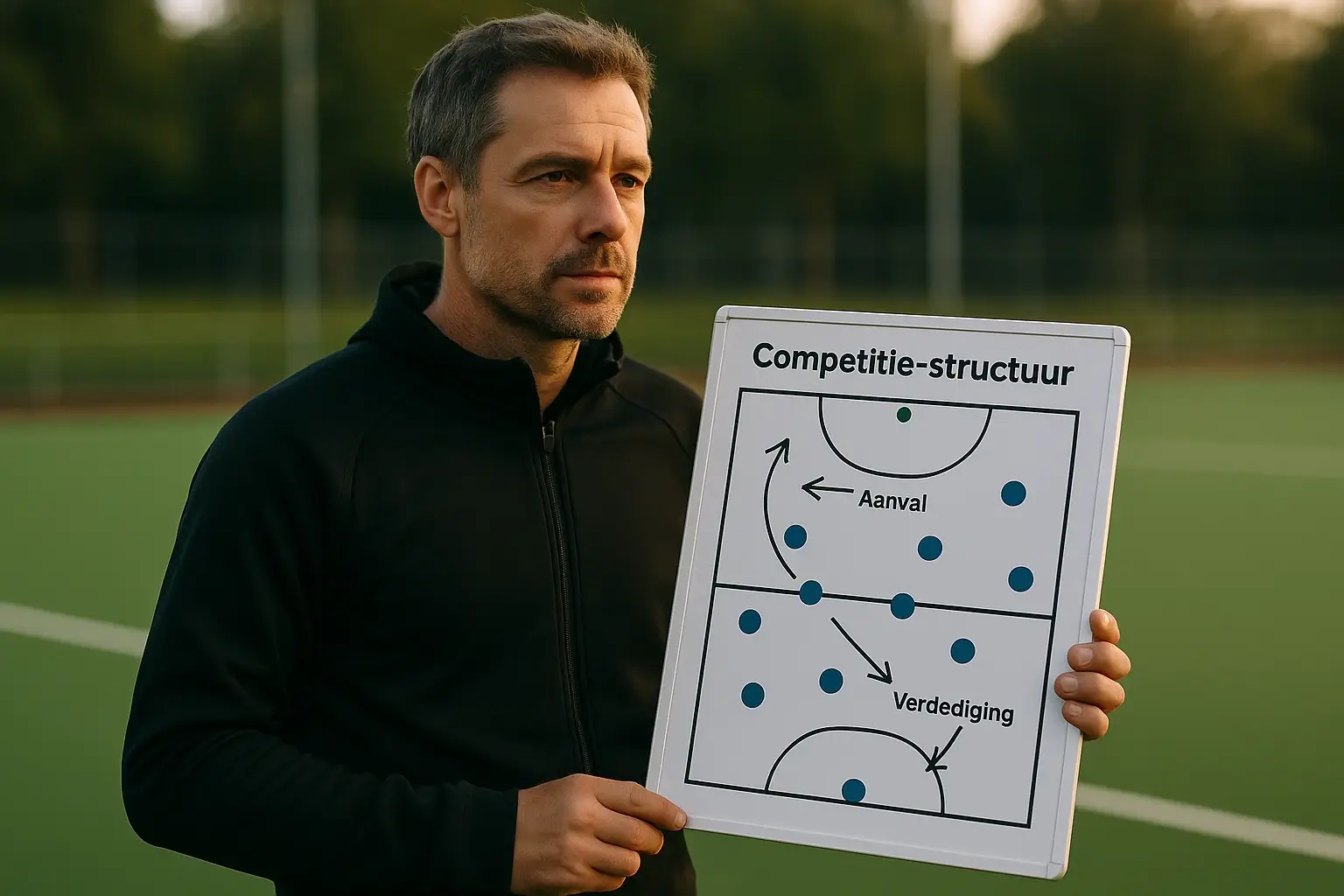 Hockey coach met tactisch bord die strategie uitlegt langs het veld