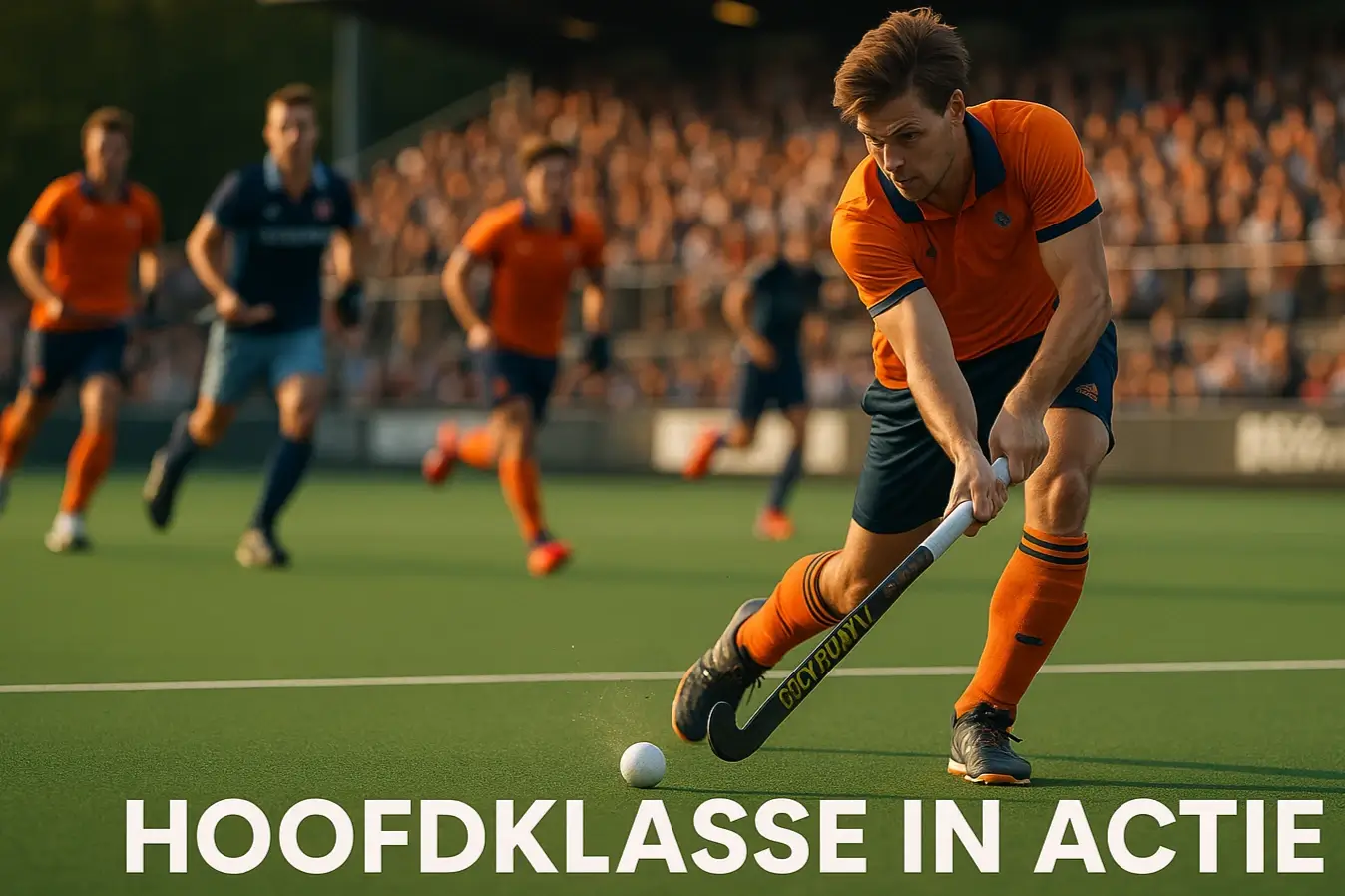 Spannende Hoofdklasse hockey wedstrijd met spelers in actie op een groen kunstgrasveld