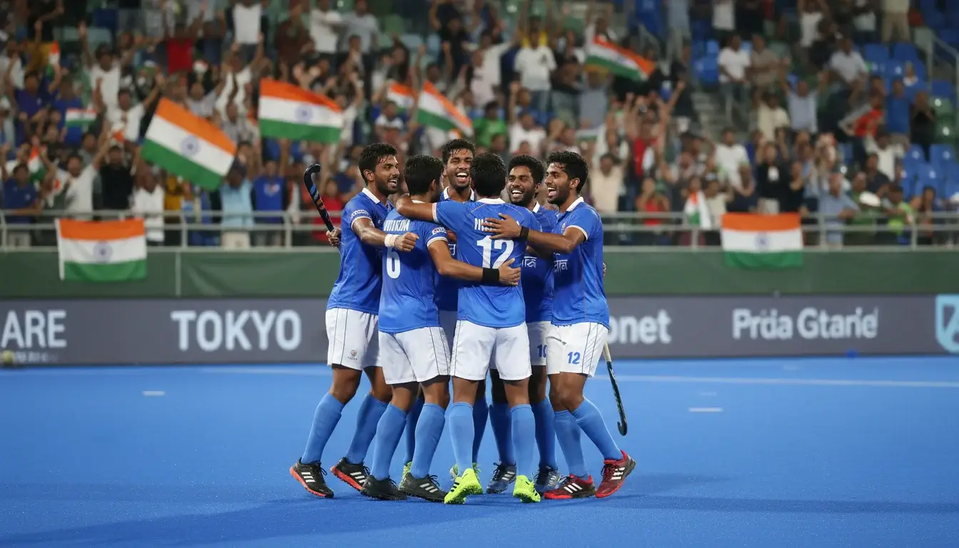Het Indiase hockeyteam viert een overwinning met blauwe shirts