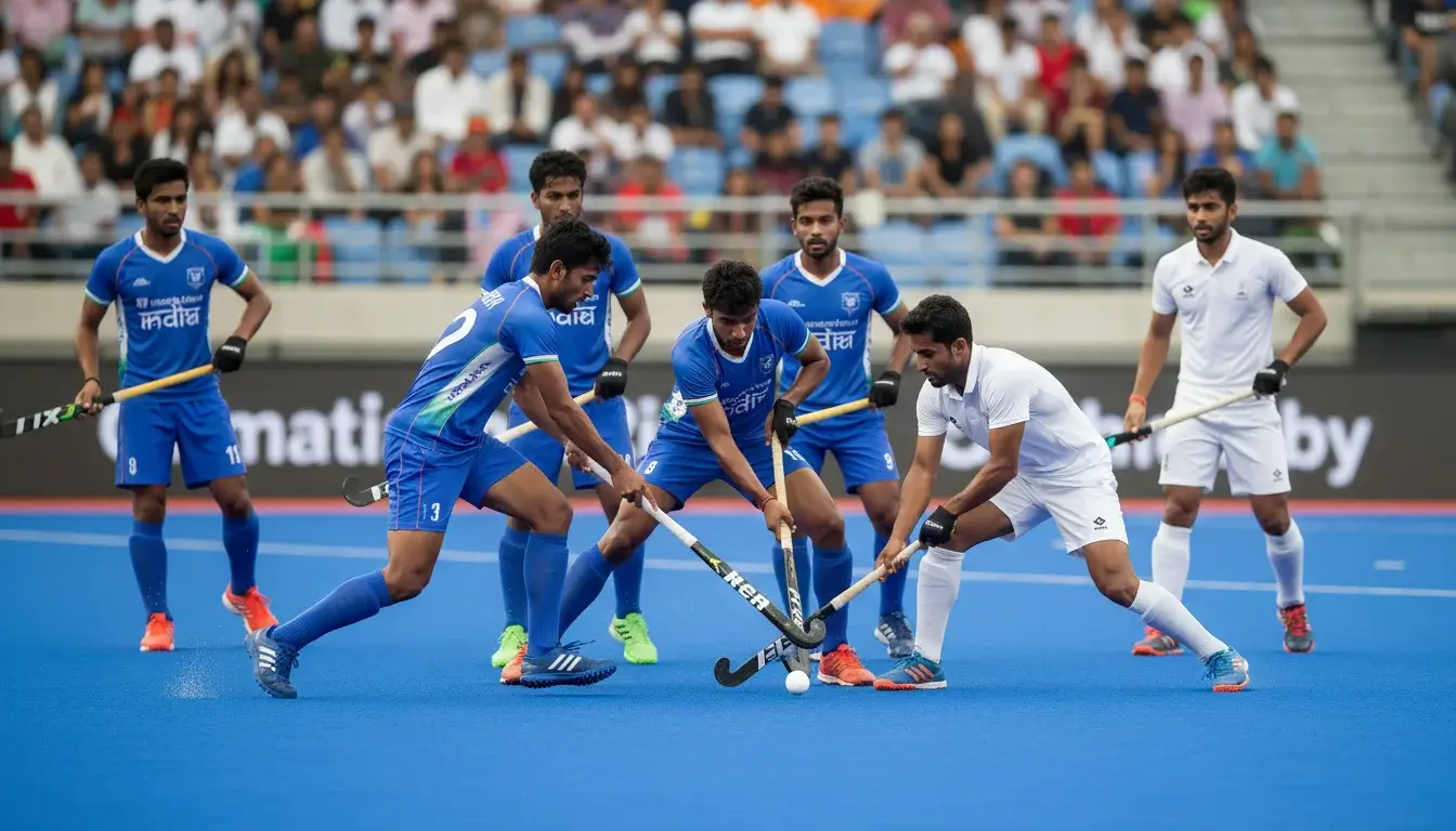 Indiase hockeyspelers in actie tijdens een internationale wedstrijd