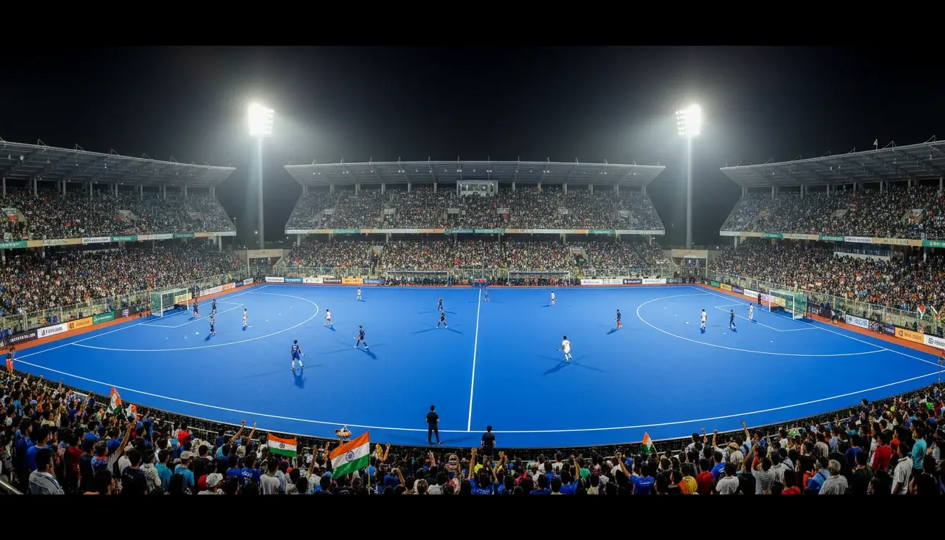 Het Kalinga Stadium in Bhubaneswar gevuld met enthousiaste Indiase hockeyfans
