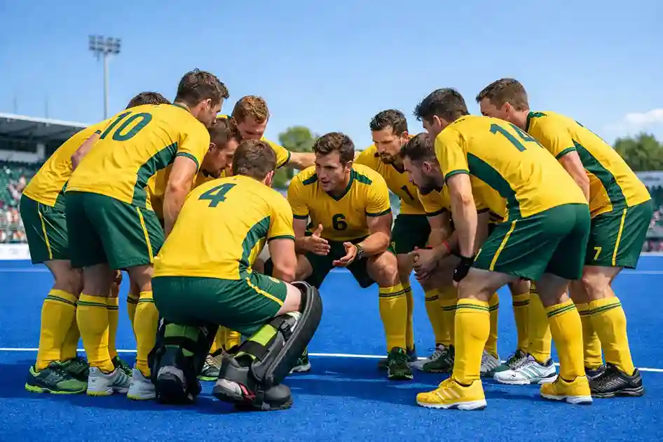 Australische hockeyspelers tijdens een teambespreking op het veld