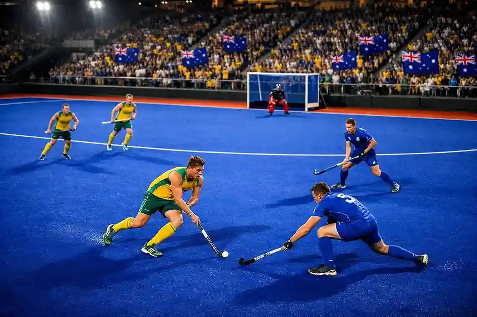 Hockeywedstrijd in een Australisch stadion met enthousiaste supporters