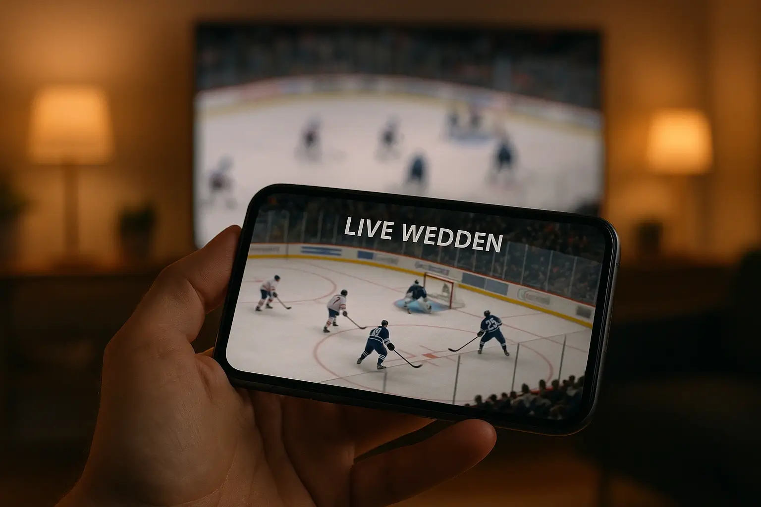 Smartphone met live hockey uitzending in hand met televisie op de achtergrond