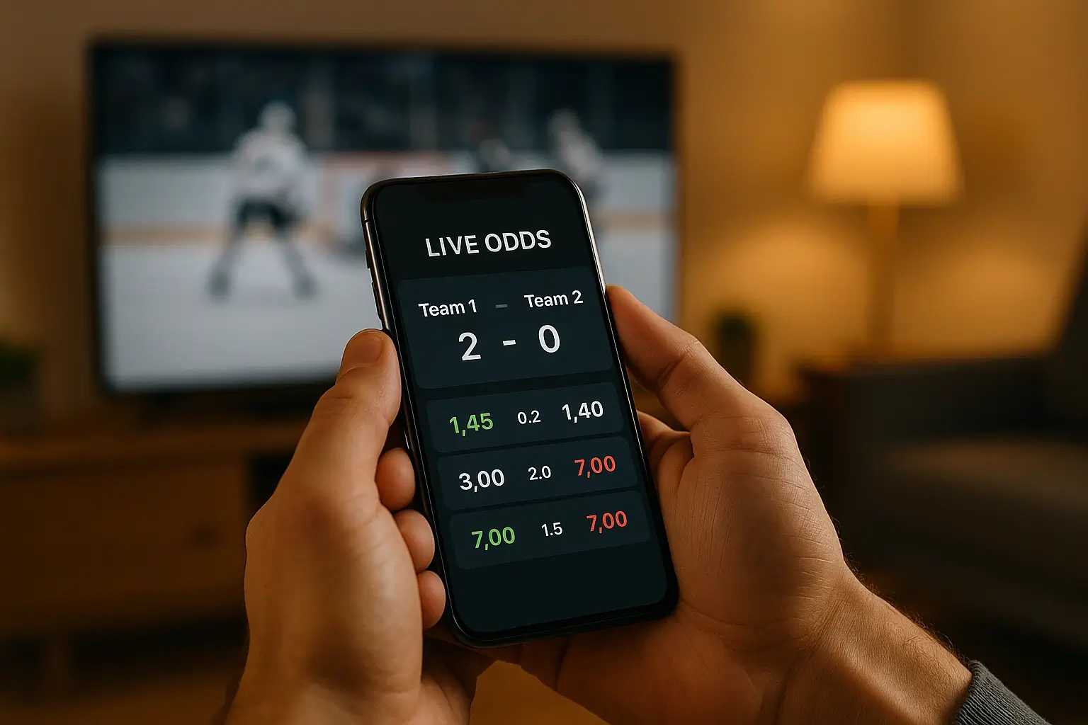 Persoon houdt smartphone vast met live wedstrijd odds en statistieken op het scherm