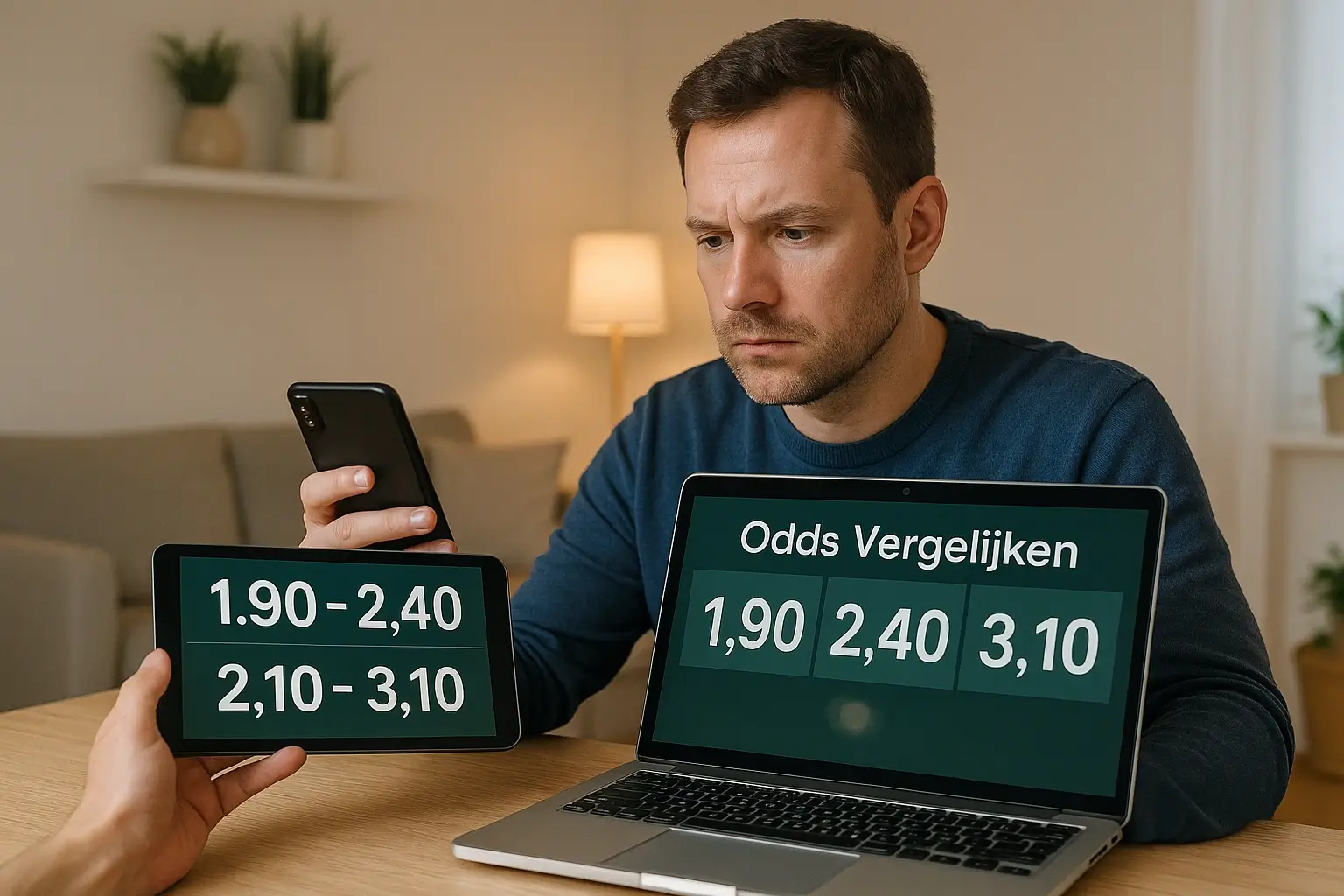 Persoon vergelijkt informatie op laptop tablet en smartphone tegelijkertijd