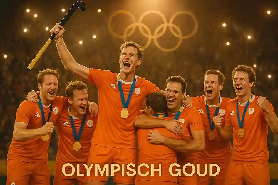 Hockeyteam viert olympisch goud met medailles op het podium tijdens de Olympische Spelen
