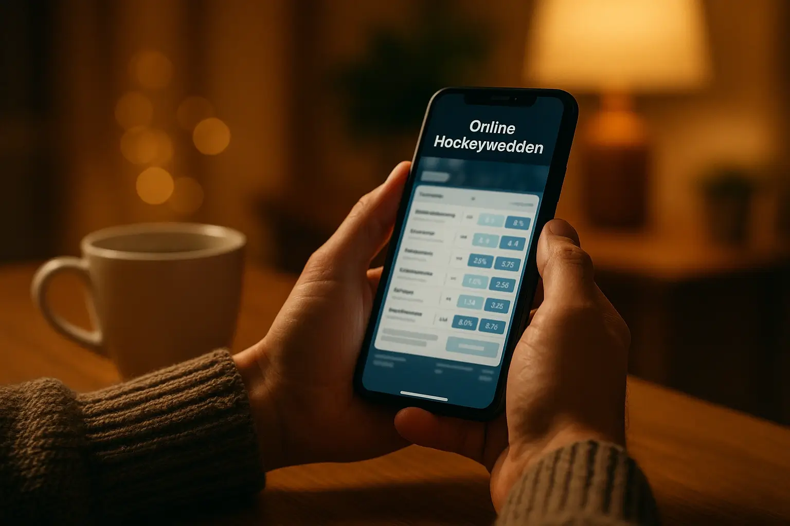 Persoon houdt smartphone vast met sportwedden app in huiselijke sfeer met koffie op tafel