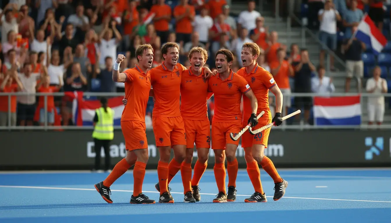 Het Nederlandse hockeyteam viert een overwinning in oranje shirts