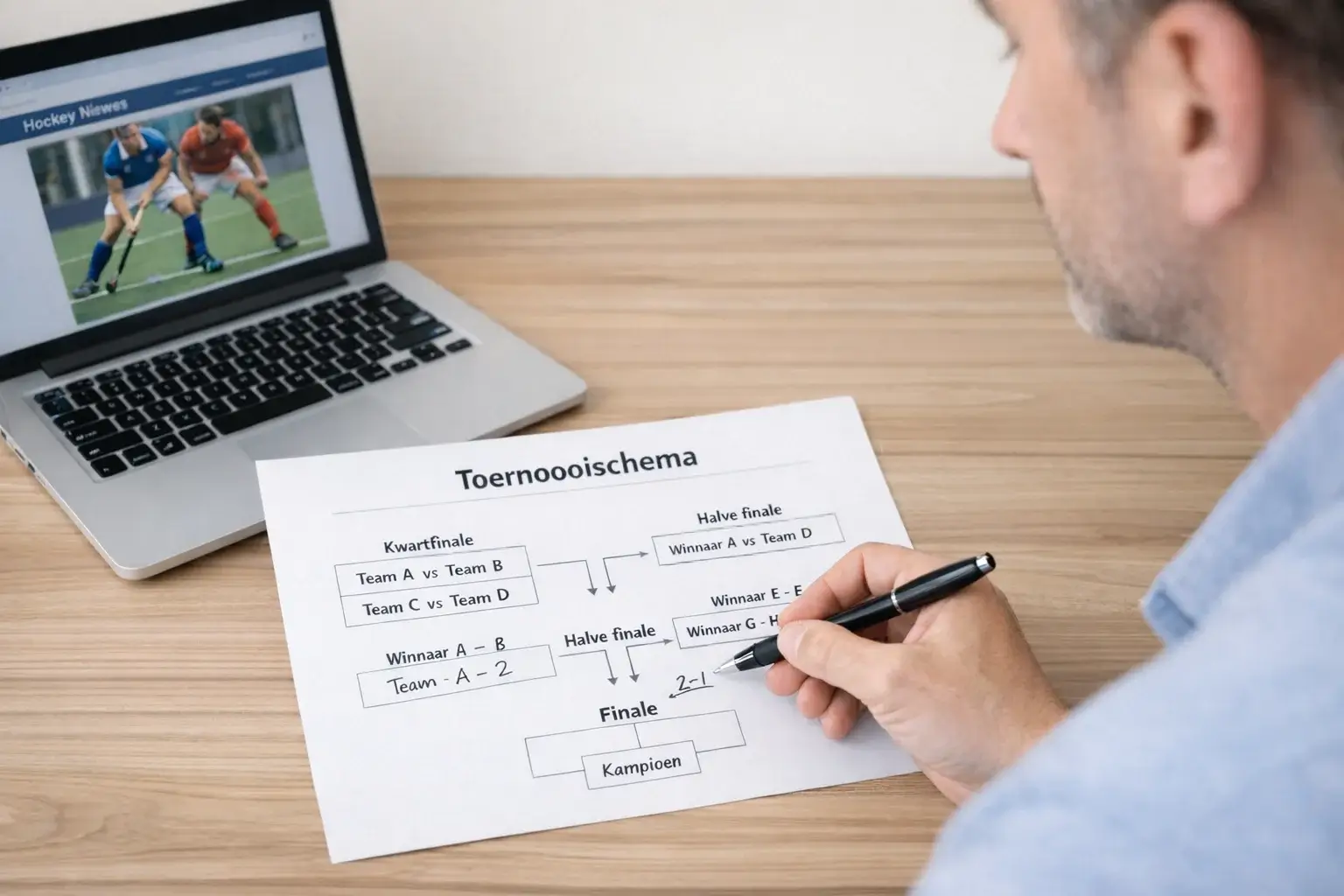 Persoon bekijkt hockeytoernooi schema en maakt aantekeningen