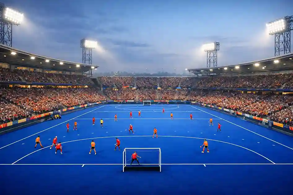 Hockeystadion met volle tribunes tijdens een internationaal toernooi