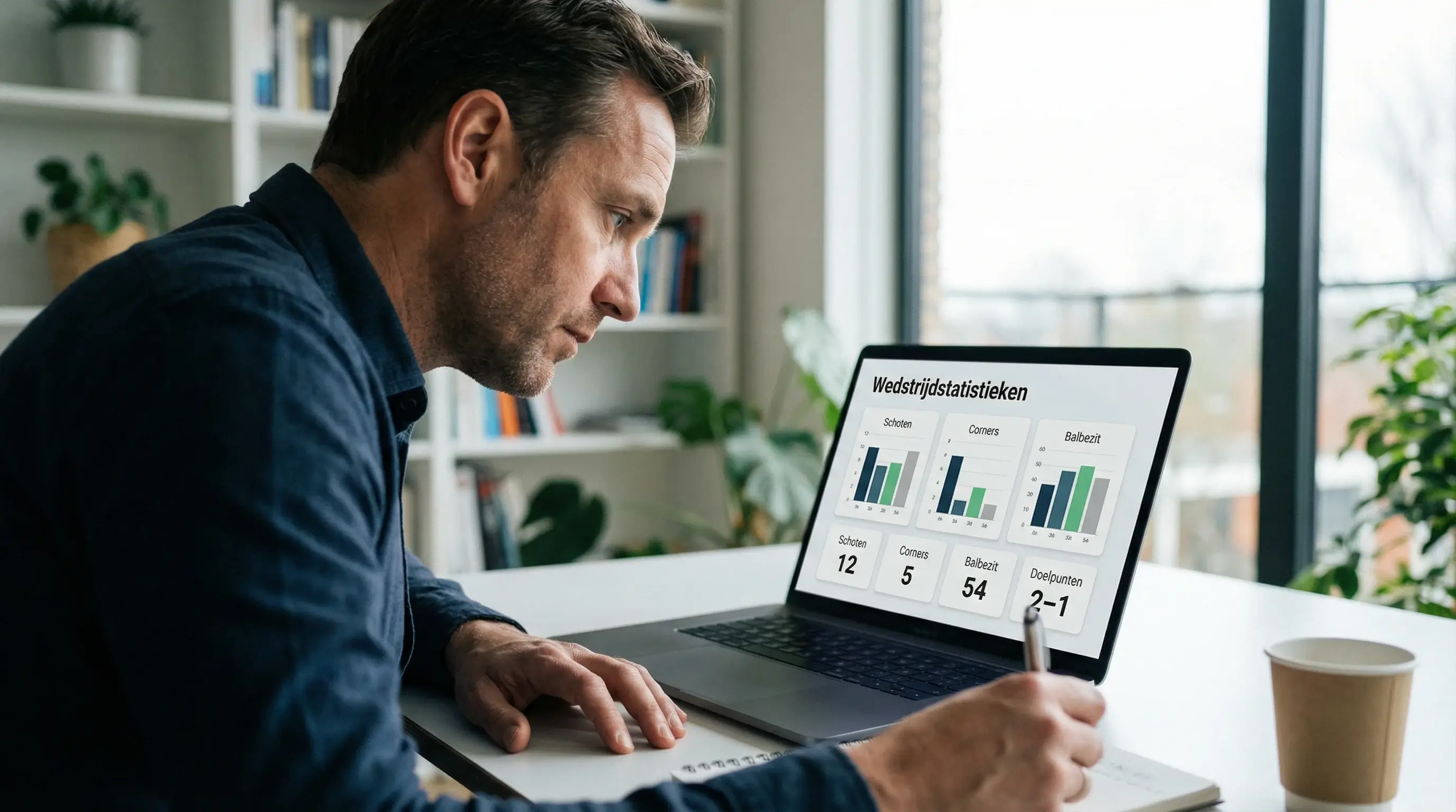Analist bestudeert hockeystatistieken op een laptop