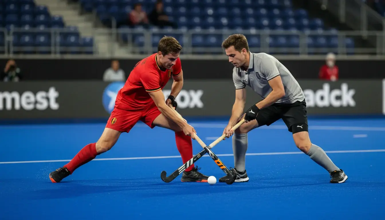 Belgische hockeyspeler in duel met tegenstander tijdens een topwedstrijd